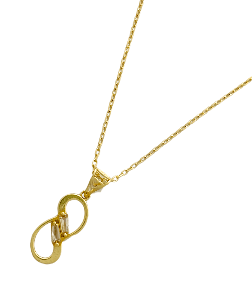Closeup of Infinity Pendant Necklace in 18K Gold Fixed Length 18k Yellow with Hallmark Stamp One Size 1.3gms