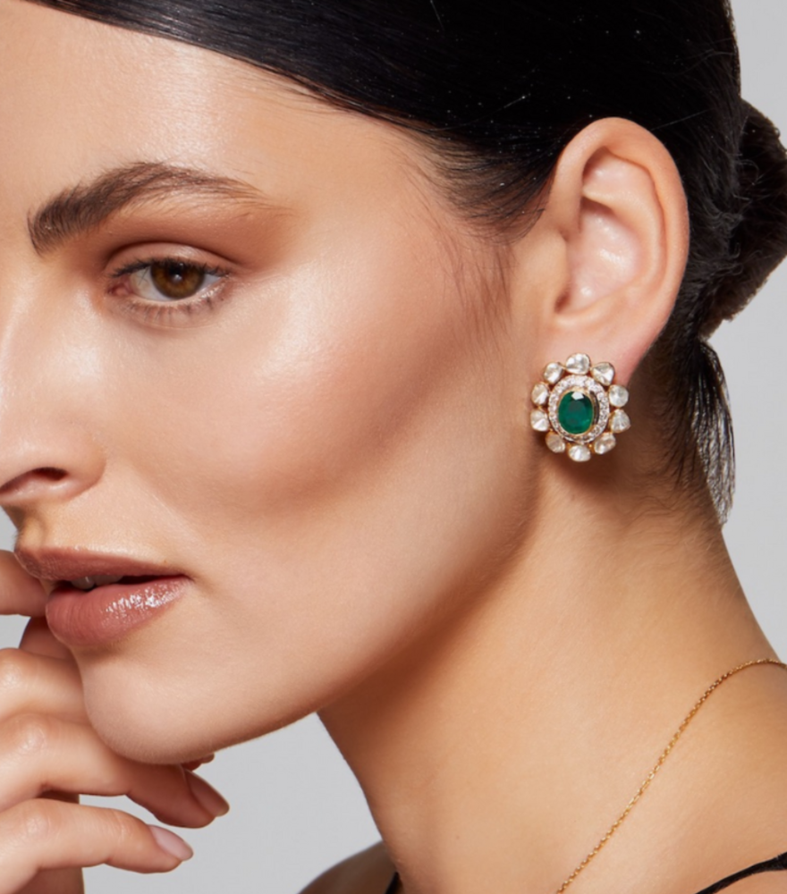 Model Wearing Jhalak Uncut Diamond Earrings in 18k Gold Jewelry for Pierced Ears Yellow with Hallmark Stamp Metal Stone One Size 14.5gms
