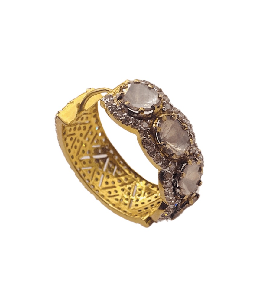 Closeup of Shanaya Reversible Hoop Earrings in 18K Gold & Polki Diamonds Jewelry for Pierced Ears 18k Yellow with Hallmark Stamp Metal 3 cm 21.2gms