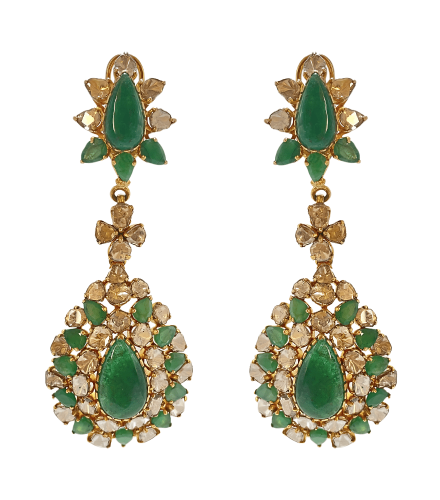 Front View of Anisa Earrings in 18k Yellow Gold Jewelry for Pierced Ears with Hallmark Stamp Metal Stone 8 cm 37.7gms
