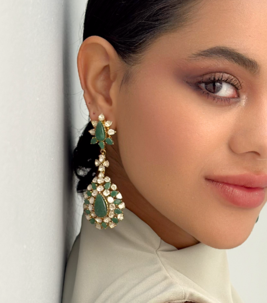 Model Wearing Anisa Earrings in 18k Yellow Gold Jewelry for Pierced Ears with Hallmark Stamp Metal Stone 8 cm 37.7gms