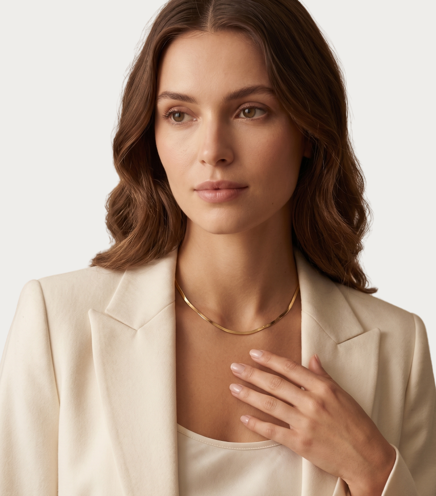 Alternate View of Model Wearing Luxe Herringbone Chain in 18K gold Fixed Length 18k Yellow Gold with Hallmark Stamp Metal 15.5 inches 2.7gms