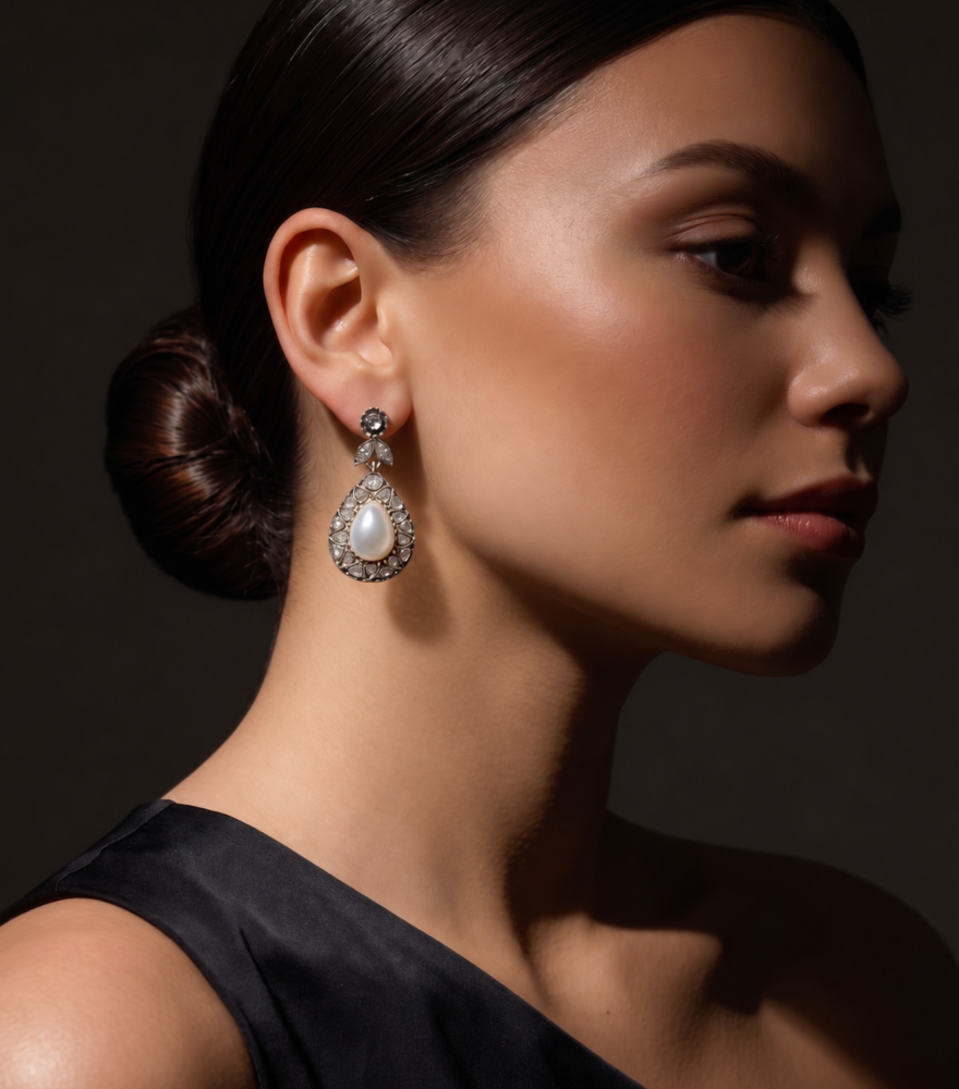 Model Wearing Tanisha Diamond Earrings in 18k Gold Plated Sterling Silver Jewelry for Pierced Ears 925 One Size 21.4gms