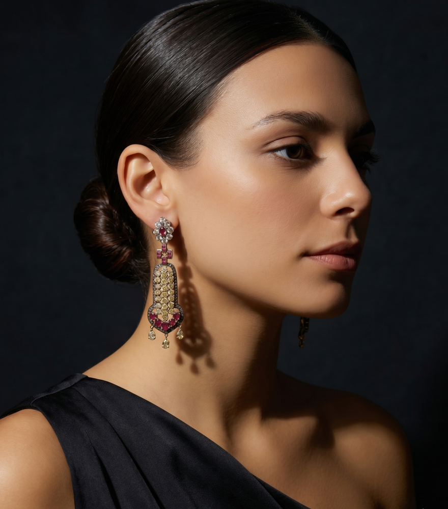 Model Wearing Vedika Earrings Jewelry for Pierced Ears 18k Gold Plated 925 Sterling Silver Metal One Size 31.1gms