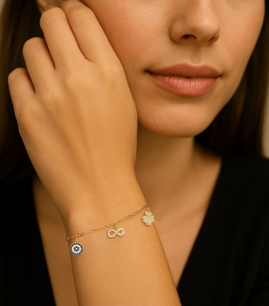 Model Wearing Nova Good Luck Diamond Charm Bracelet in 18k Gold Adjustable Length Metal 7 inches 2.8gms Yellow