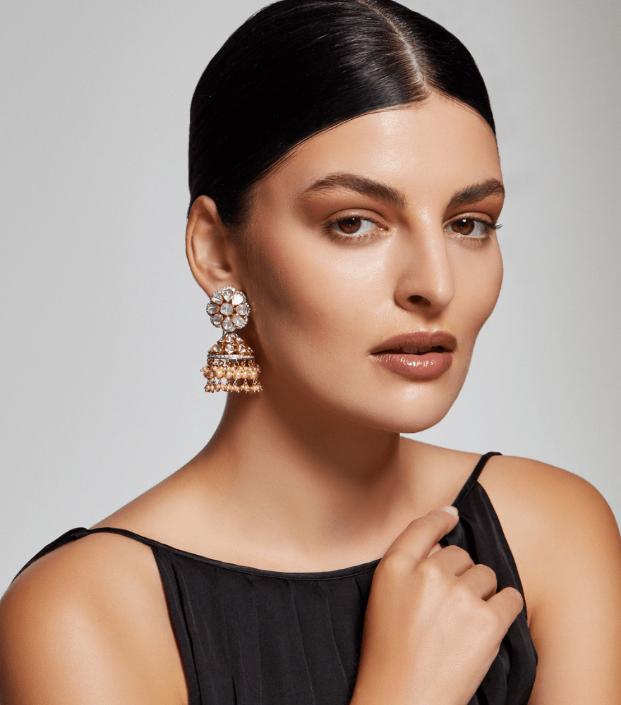 Alternate View of Model Wearing Rania Diamond Jhumka Earrings in 18k Gold Jewelry for Pierced Ears Yellow with Hallmark Stamp Metal 48.5gms