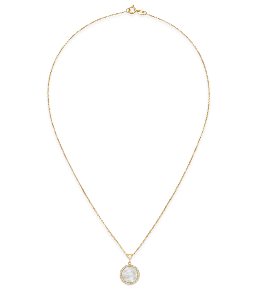 Rear View of Zira Mother of Pearl Pendant Necklace Comfort Fit 18k Yellow Gold with Hallmark Stamp 16 inches 1.3gms