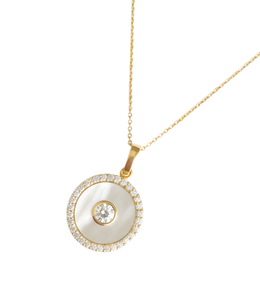 Closeup of Celestia Pearl Pendant Necklace in 18K Gold Comfort Fit 18k Yellow with Hallmark Stamp 16 inches 2.9gms