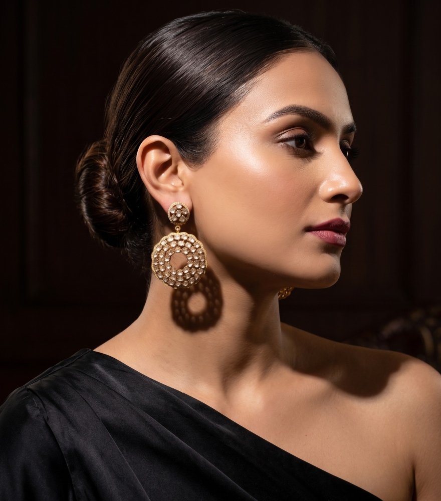 Model Wearing Zainab Earrings Jewelry for Pierced Ears 14k Gold One Size 33.8gms