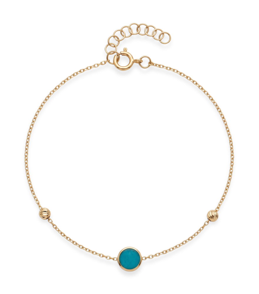 Front View of Eve Turquoise Bracelet in 18k Gold Adjustable Length Yellow with Hallmark Stamp 7 inches 0.7gms