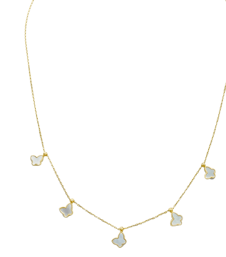 Closeup of Eden Pearl Butterfly Necklace in 18K Gold Adjustable Length 18k Yellow with Hallmark Stamp Metal One Size 2.1gms