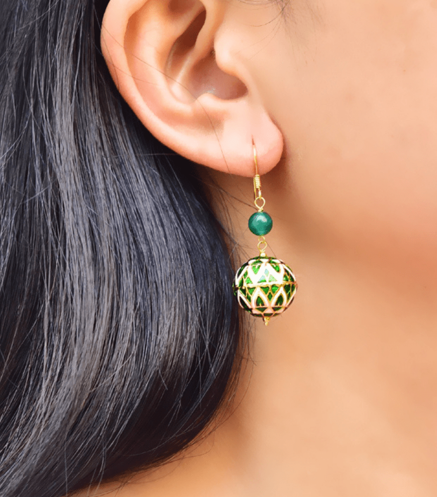 Model Wearing Amira Enamel Earrings in 18k Gold Jewelry for Pierced Ears Yellow with Hallmark Stamp Metal One Size 6.3gms