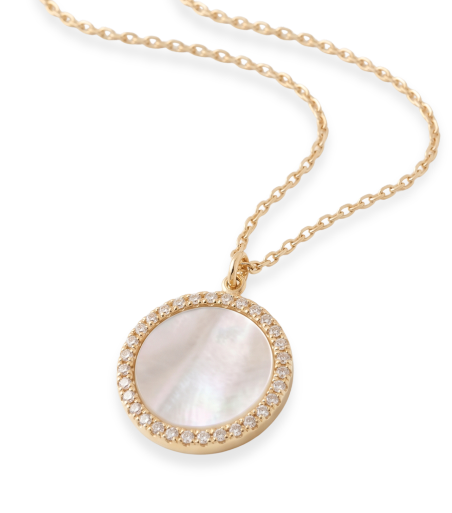 Closeup of Zira Mother of Pearl Pendant Necklace Comfort Fit 18k Yellow Gold with Hallmark Stamp 16 inches 1.3gms