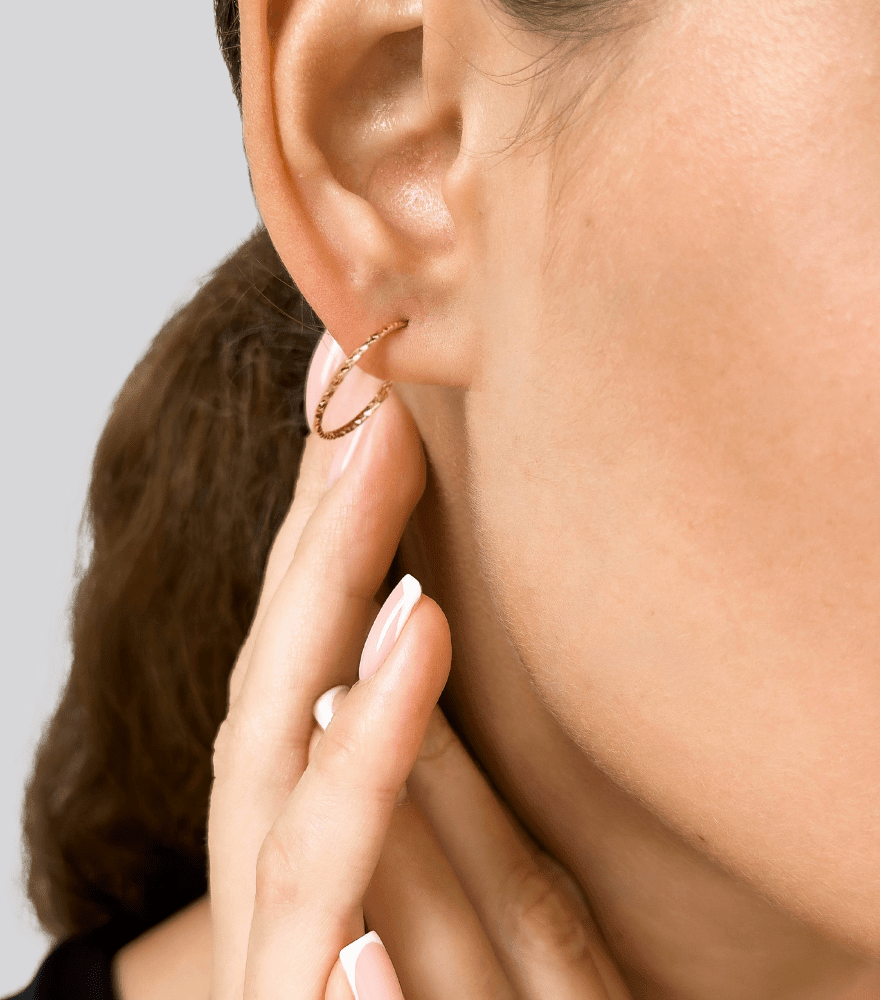 Model Wearing Hana Hoop Earrings in 18k Gold Jewelry for Pierced Ears Yellow with Hallmark Stamp Metal One Size 0.8gms