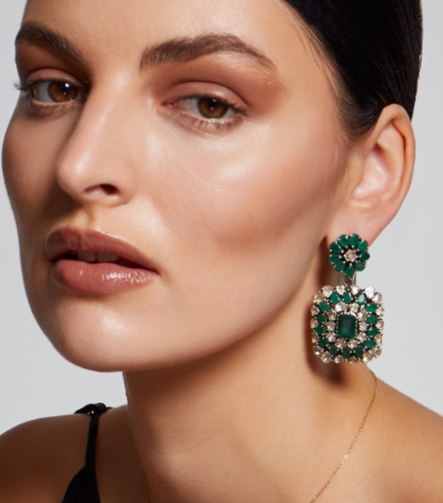 Model Wearing Hiya Earrings Jewelry for Pierced Ears 18k Gold Plated 925 Sterling Silver Metal Stone One Size 37.7gms