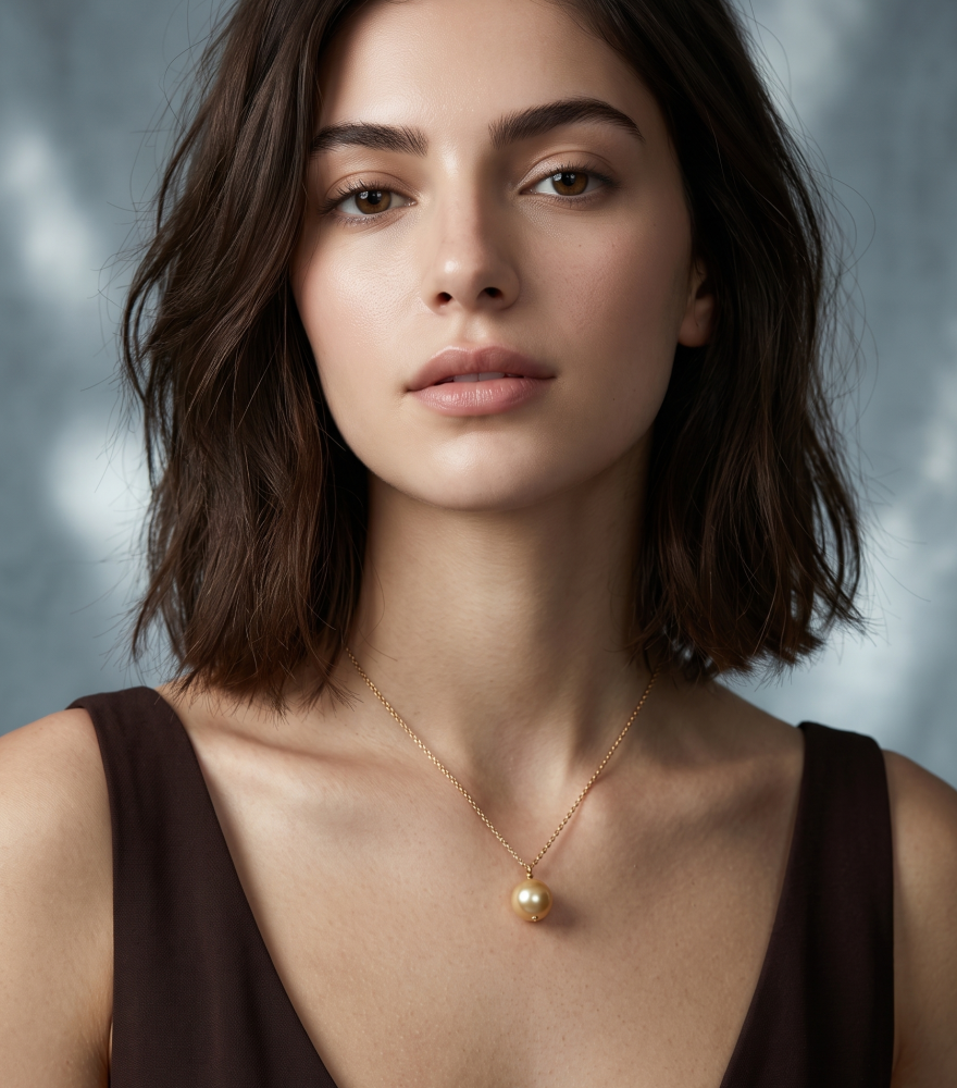 Alternate View of Model Wearing Gold Pearl Pendant Necklace Fixed Length 18k Yellow with Hallmark Stamp Metal Stone One Size 2.7gms