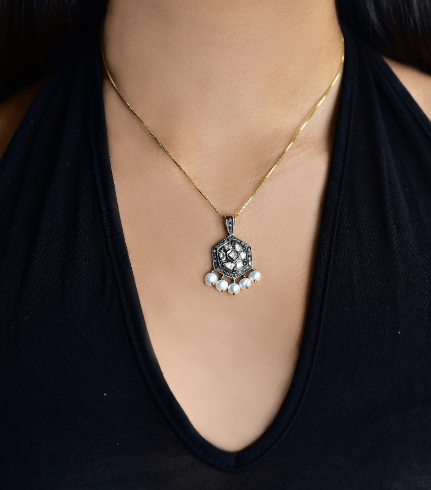 Model Wearing Sasha Pendant Necklace Comfort Fit 18k Gold Plated 925 Sterling Silver Metal One Size 8.2gms