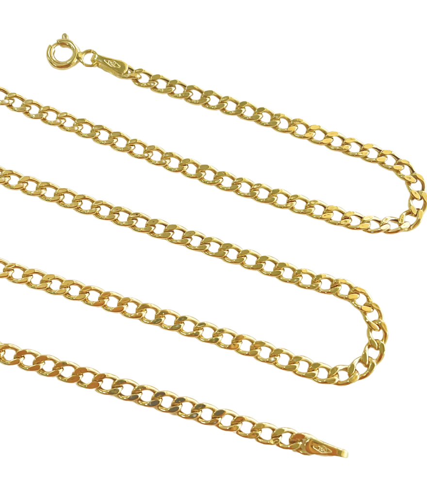 Closeup of Cuban Luxe Chain Necklace in 18k Gold Fixed Length Yellow with Hallmark Stamp One Size 4gms