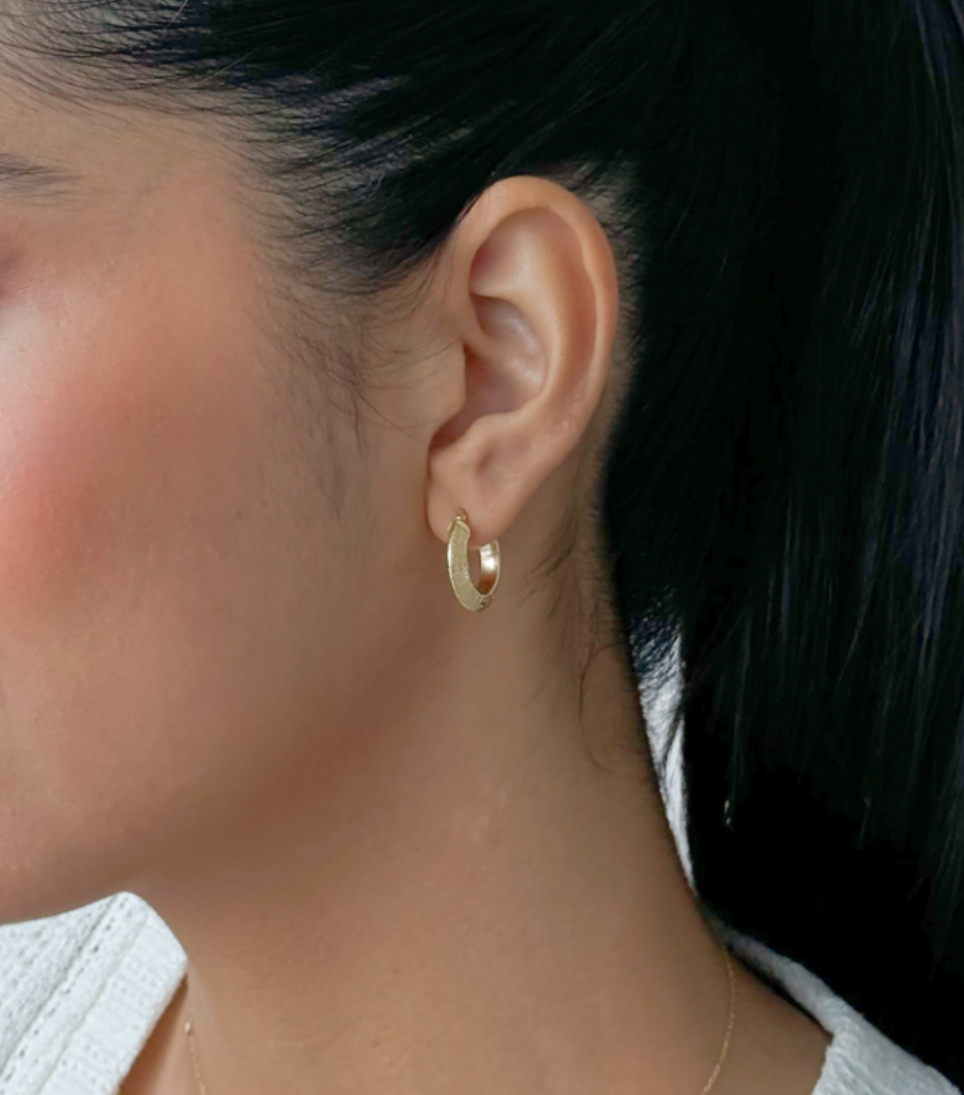 Model Wearing Elena Hoop Earrings in 18K Gold Jewelry for Pierced Ears 18k Yellow with Hallmark Stamp Metal One Size 2gms
