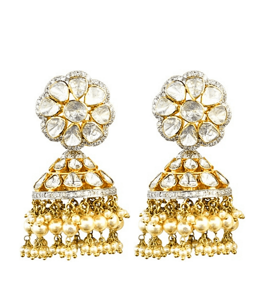 Front View of Rania Diamond Jhumka Earrings in 18k Gold Jewelry for Pierced Ears Yellow with Hallmark Stamp Metal 48.5gms