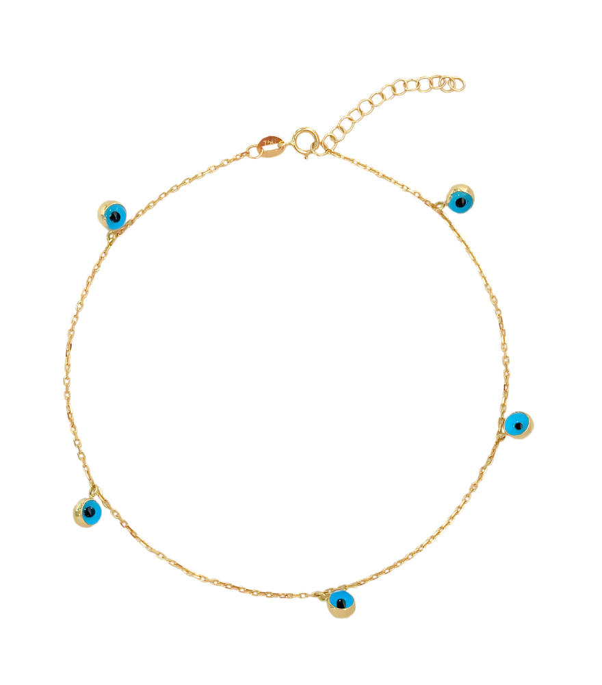 Front View of Ayna Charm Anklet in 18k Yellow Gold Adjustable Length with Hallmark Stamp Metal 9.5 inches 2.1gms
