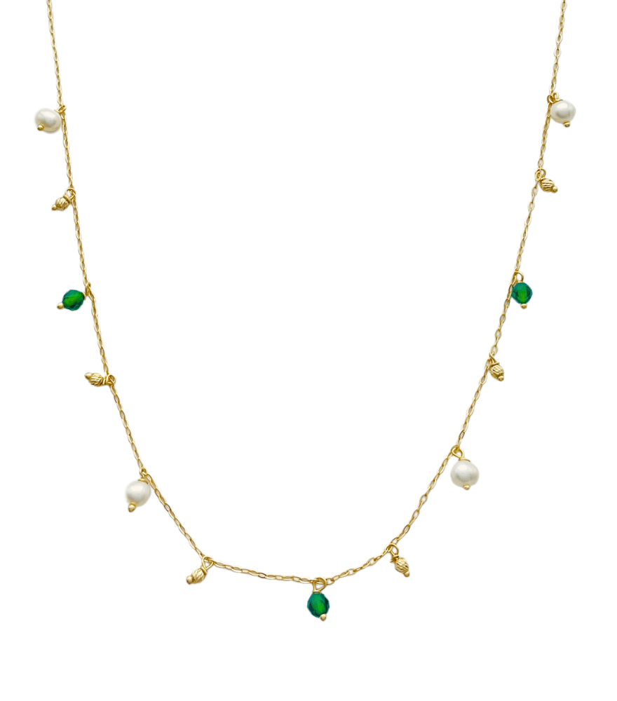 Front View of Elisa Pearl and Green Onyx Necklace in 18K gold Adjustable Length 18k Yellow Gold with Hallmark Stamp Metal One Size 1.7gms