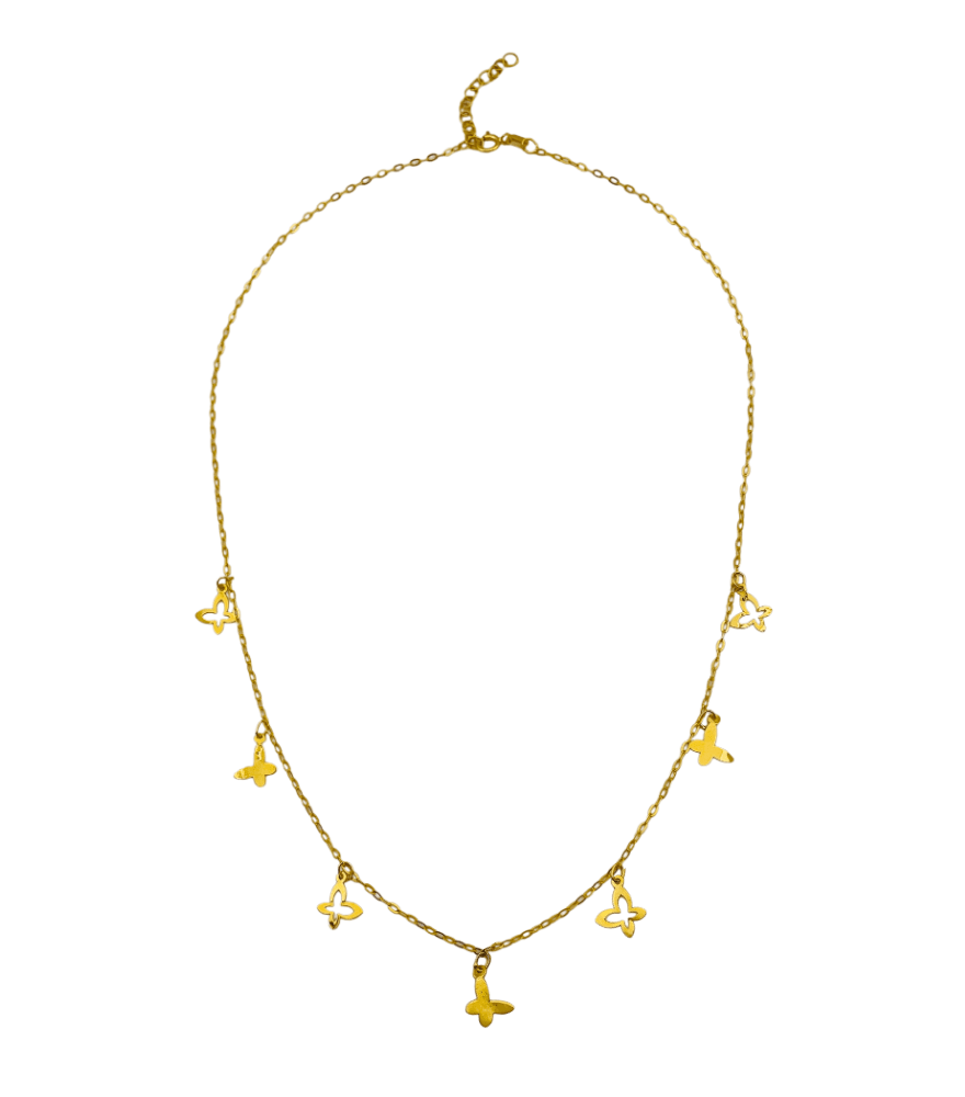 Rear View of Eden Butterfly Charm Necklace in 18k Gold Adjustable Length Yellow with Hallmark Stamp Metal One Size 1.4gms