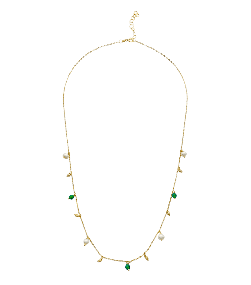 Rear View of Elisa Pearl and Green Onyx Necklace in 18K gold Adjustable Length 18k Yellow Gold with Hallmark Stamp Metal One Size 1.7gms