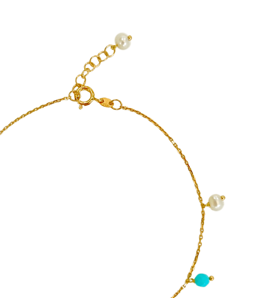 Rear View of Aqua turquoise and pearl Bracelet in 18K Gold Adjustable Length 18k Yellow with Hallmark Stamp Metal 7 inches 1gms