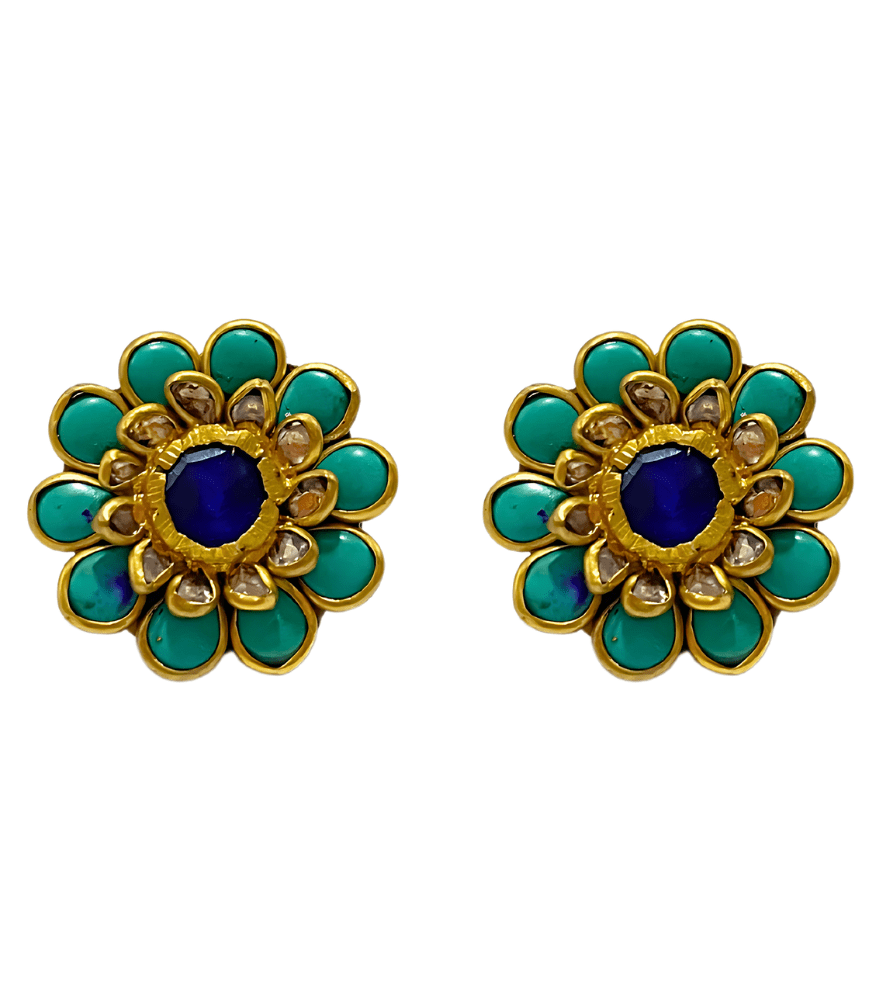 Front View of Samaira Polki Earrings in 18k Gold Jewelry for Pierced Ears Yellow with Hallmark Stamp Metal Stone One Size 6.5gms