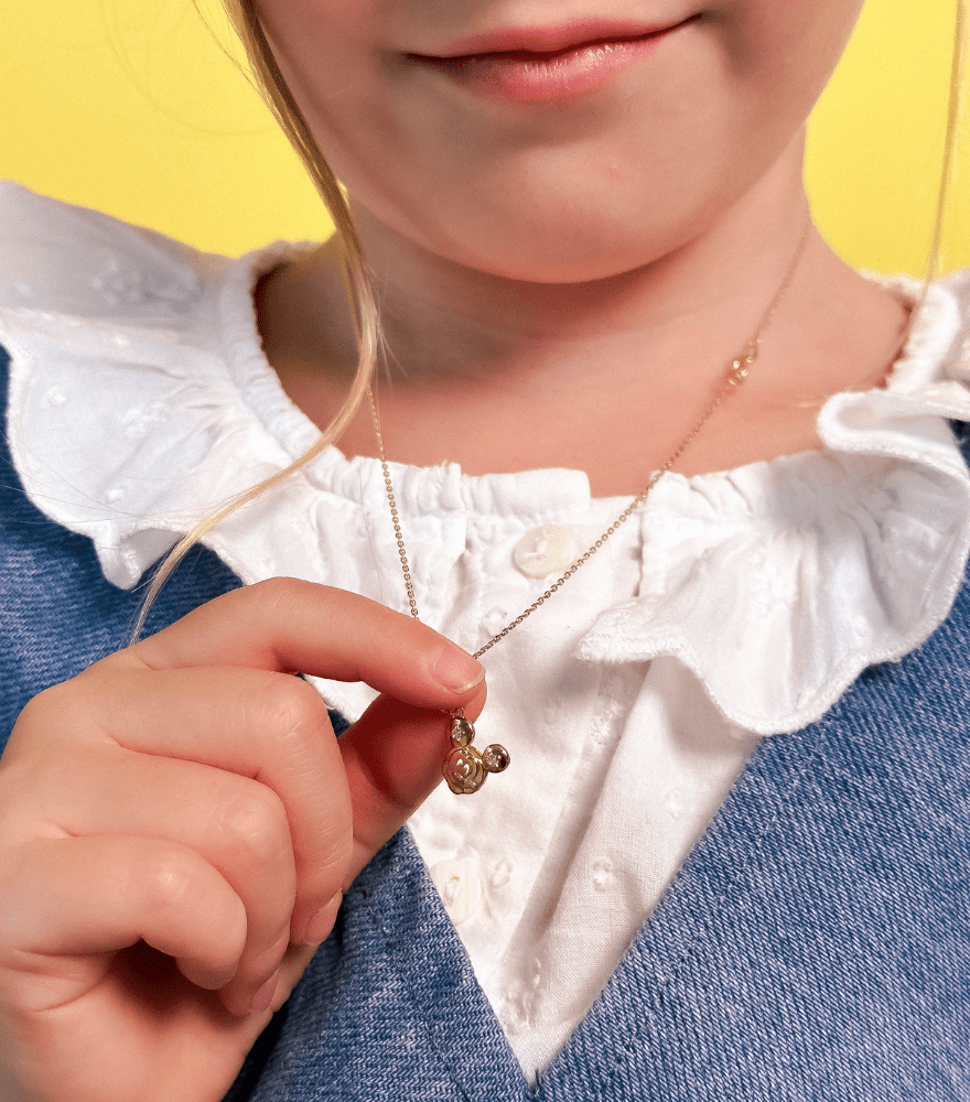 Model Wearing Golden Mouse Charm Pendant Necklace in 18K Gold Adjustable Length 18k Yellow with Hallmark Stamp Metal One Size 1.7gms