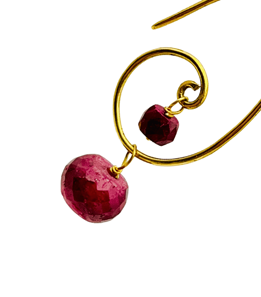 Closeup of Shyla Ruby Spiral Hoops in 18k Gold Jewelry for Pierced Ears Yellow with Hallmark Stamp One Size 3.1gms