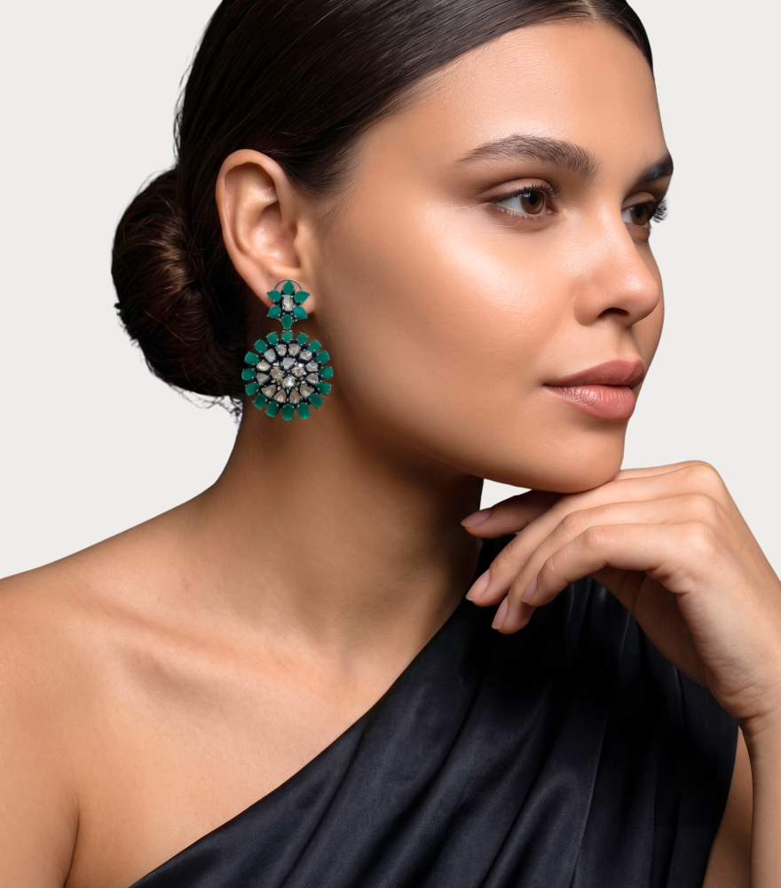 Alternate View of Model Wearing Naira Gold-Plated Silver Earrings with Diamonds & Emeralds Jewelry for Pierced Ears 18k Gold Plated 925 Sterling Metal Stone One Size 14.97gms