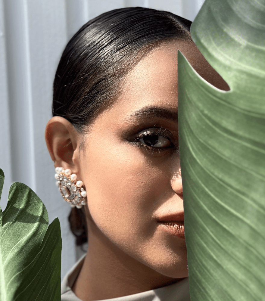 Model Wearing Kalpana Stud Uncut Diamond Earrings in 18k Gold Jewelry for Pierced Ears Yellow with Hallmark Stamp Metal 4 cm 24.7gms