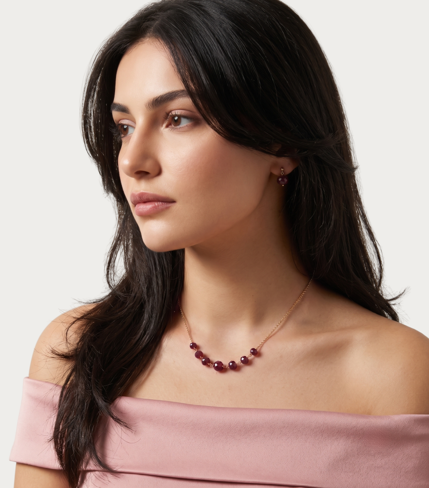 Model Wearing Saya Ruby Necklace in 18k Gold Comfort Fit Yellow with Hallmark Stamp Metal Stone One Size 6.5gms