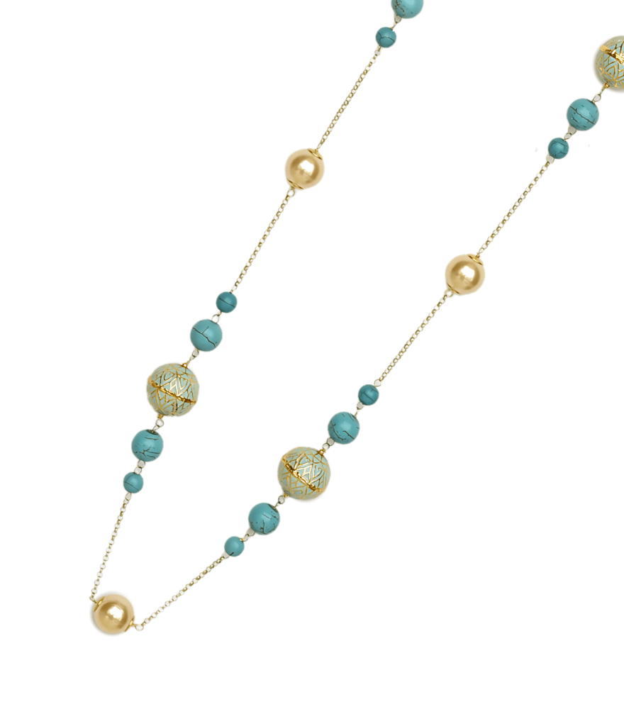 Closeup of Firoza Necklace in 18k Gold Fixed Length Yellow with Hallmark Stamp Metal Stone One Size 43gms