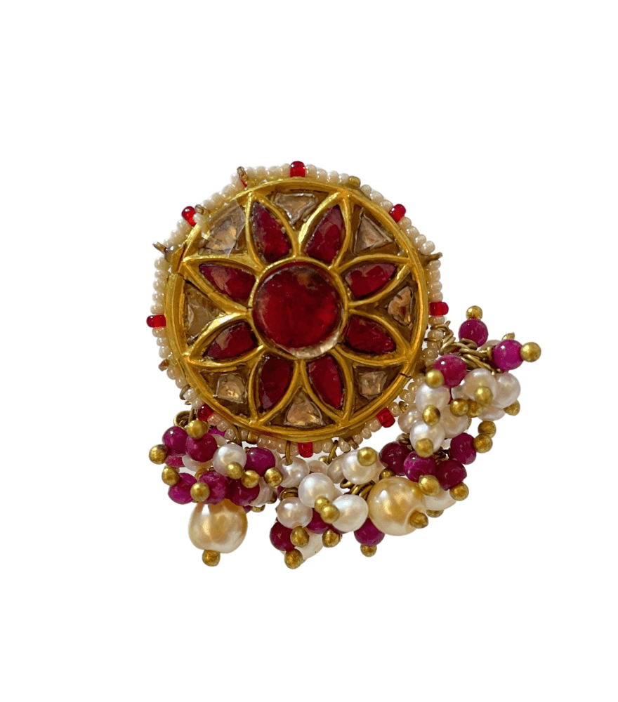 Closeup of Shivani Uncut Polki Earrings in Gold Jewelry for Pierced Ears 18k Yellow with Hallmark Stamp Metal Stone One Size 25gms