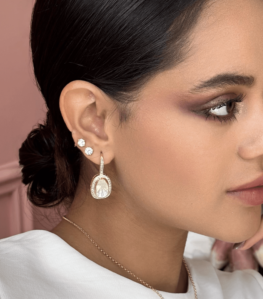 Alternate View of Model Wearing Maria Solitaire Stud Earrings in 18kt Gold Jewelry for Pierced Ears 18k Yellow with Hallmark Stamp Metal One Size 1.5gms