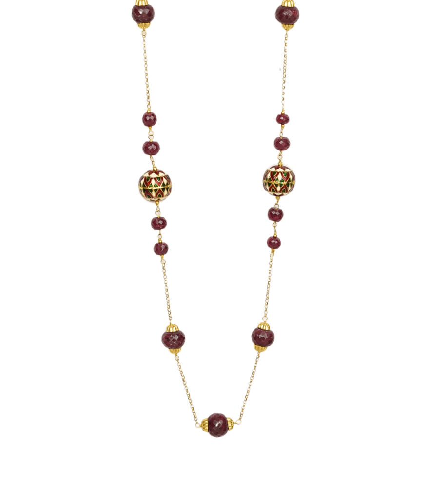 Front View of Maya Ruby And Enamel Necklace in 18k Gold Fixed Length Yellow with Hallmark Stamp Metal One Size 42.5gms