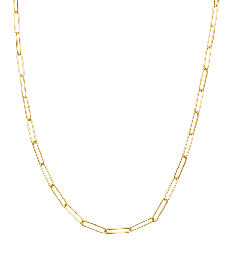 Front View of Aida Paperclip Necklace in 18k Yellow Gold Fixed Length with Hallmark Stamp Metal 16 inches 3.2gms
