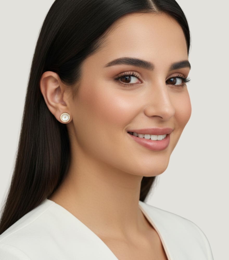 Model Wearing Celestia Pearl Earrings in 18K Gold Jewelry for Pierced Ears 18k Yellow with Hallmark Stamp One Size 3gms