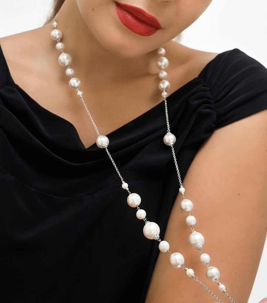 Alternate View of Model Wearing Mahika Pearl Necklace in 18k Gold Fixed Length 925 Sterling Silver Metal Stone One Size 58.9gms Yellow