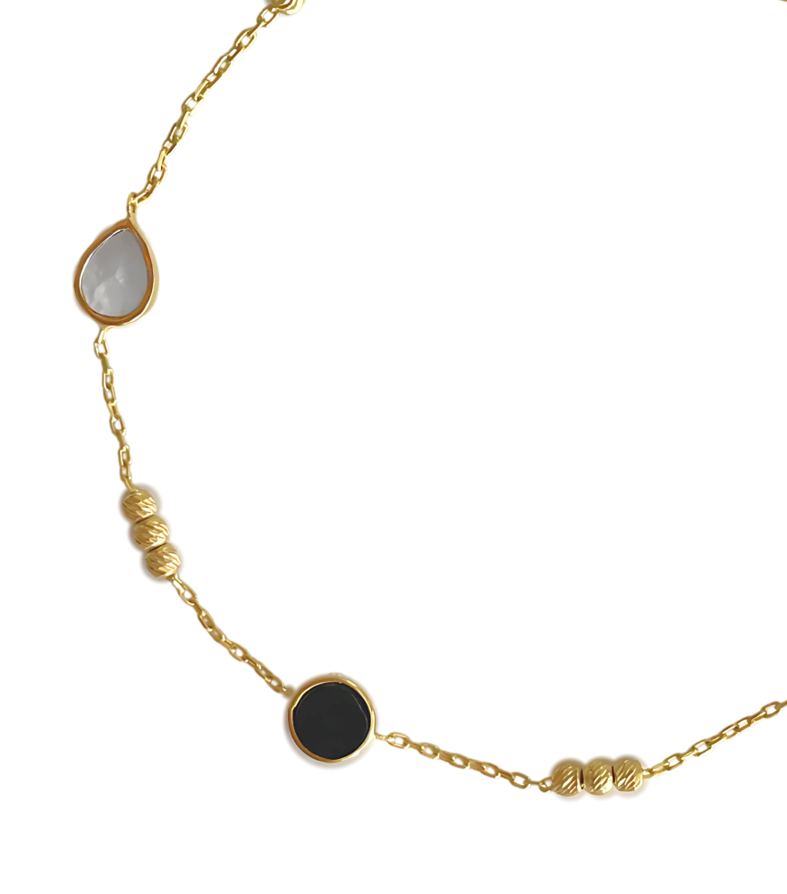 Closeup of Inaya Mother of Pearl and Onyx Bracelet in 18k Yellow Gold Adjustable Length with Hallmark Stamp 7 inches 1.4gms