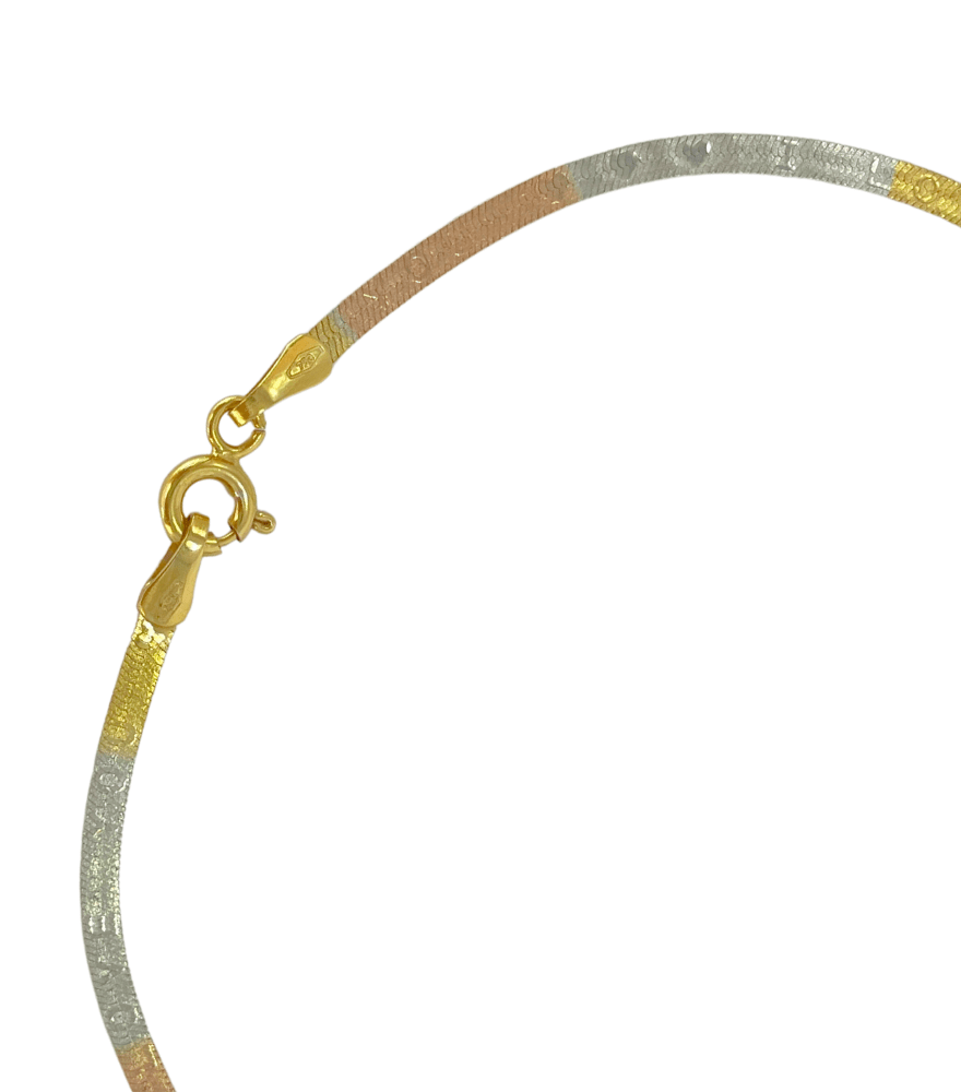 Rear View of Three-Toned Luxe Herringbone Bracelet in 18K Gold Fixed Length 18k Yellow with Hallmark Stamp Metal 7.5 inches 1.7gms
