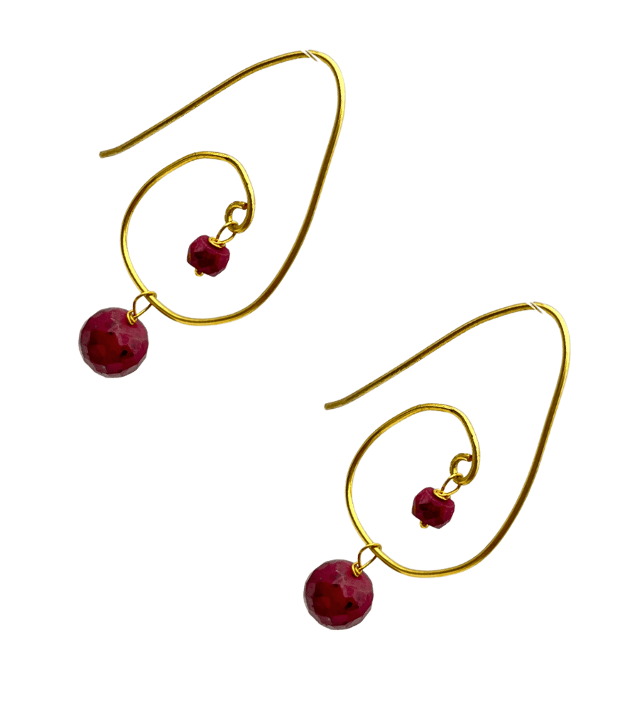 Rear View of Shyla Ruby Spiral Hoops in 18k Gold Jewelry for Pierced Ears Yellow with Hallmark Stamp Metal One Size 4.1gms