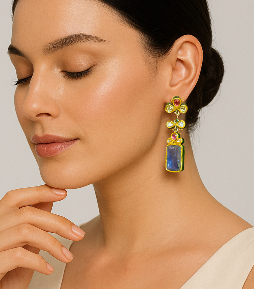 Model Wearing Diya Polki Earrings in Gold Jewelry for Pierced Ears 18k Yellow with Hallmark Stamp Metal One Size 16gms