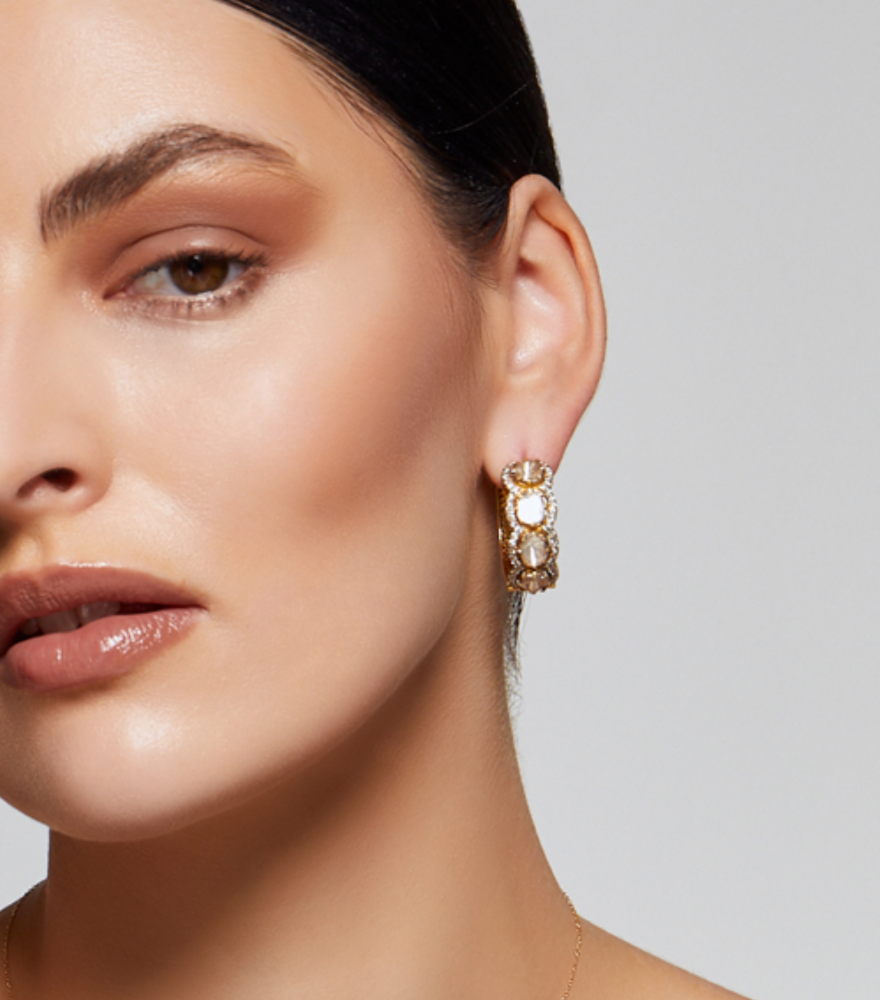 Model Wearing Shanaya Reversible Hoop Earrings in 18K Gold & Polki Diamonds Jewelry for Pierced Ears 18k Yellow with Hallmark Stamp Metal 3 cm 21.2gms
