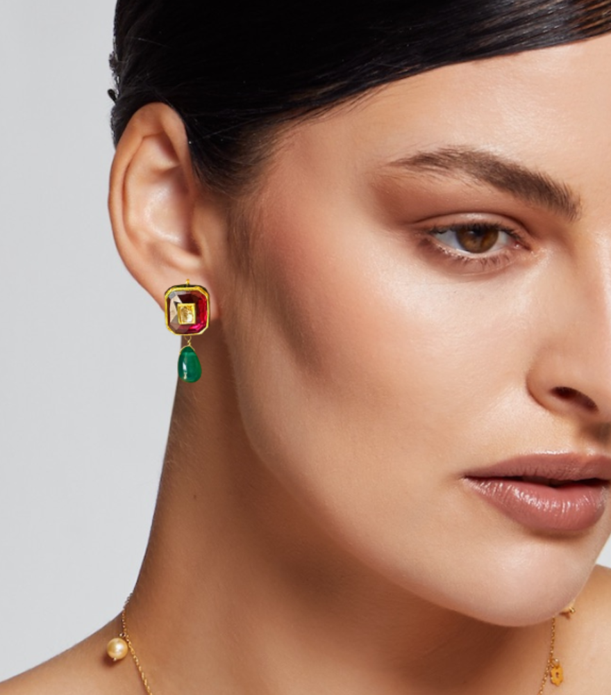 Model Wearing idhita Uncut Polki Diamond Earrings in 18k Gold Jewelry for Pierced Ears Yellow with Hallmark Stamp Metal One Size 9.3gms