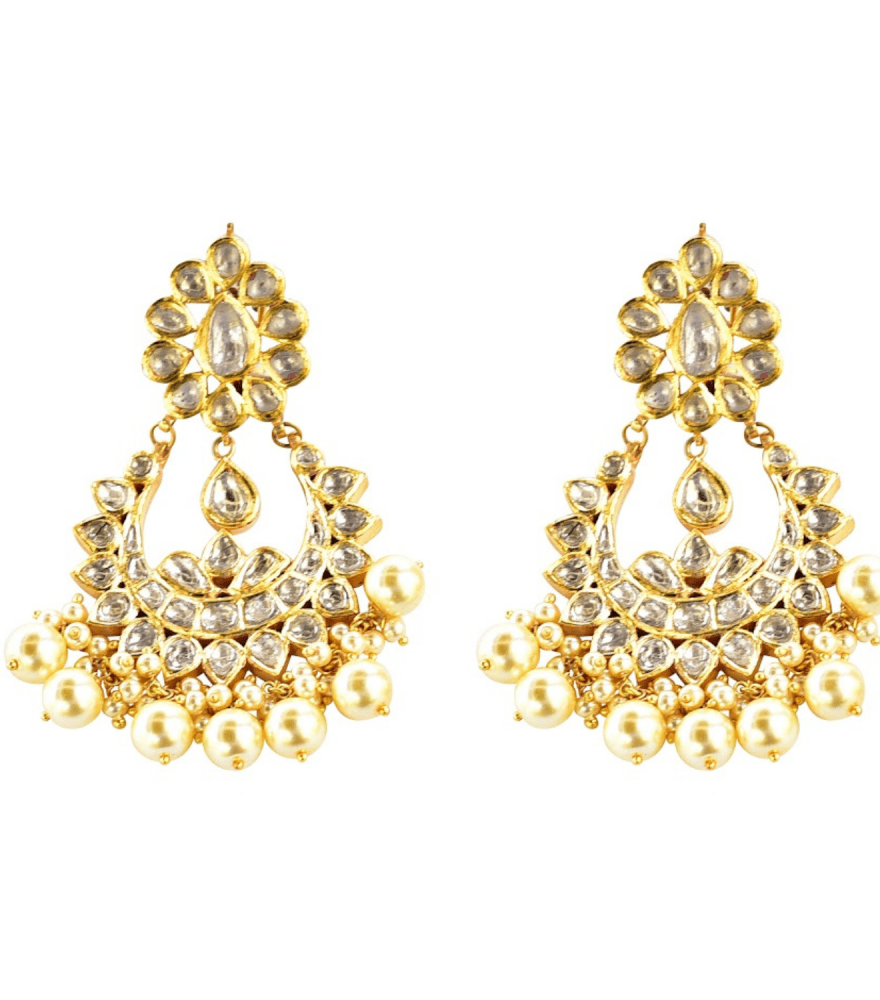 Front View of Rajkumari Chandbali Uncut Diamond Earrings in 18k Gold Jewelry for Pierced Ears Yellow with Hallmark Stamp Metal One Size 46.25gms