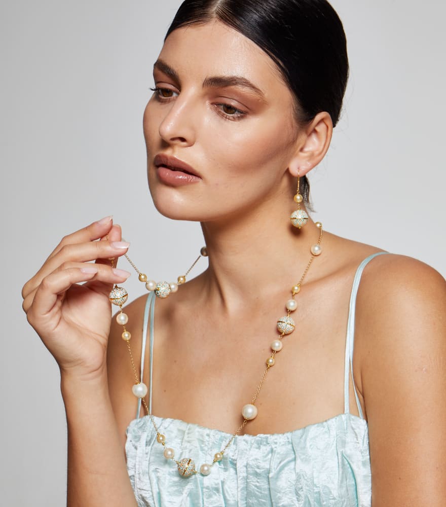 Alternate View of Model Wearing Wafaa Necklace Fixed Length 18k Yellow Gold with Hallmark Stamp Metal Stone One Size 46.2gms